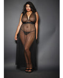 Sheer Mesh Gown W-cut Out Sides & Ties In Back W-g-string Black Qn