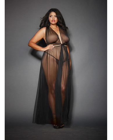 Sheer Mesh Gown W-cut Out Sides & Ties In Back W-g-string Black Qn