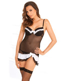 Rene Rofe Signature Mesh Chemise  W-micro Ruffle & G-string Black-white Lg