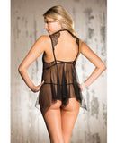 Eyelash Lace Babydoll W-high Collar & Net Skirt & G-string Black Sm