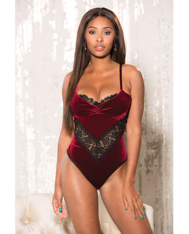 Holiday Stretch Velvet & Lace Teddy W-underwire Cups & Adjustable Straps Burgundy Lg