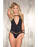 Spandex & Eyelash Lace Thong Teddy W-high High Neck Ribbon Tie Closure & Lace Trimed Back Black Lg