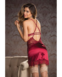 Holiday Stretch Lace Chemise W-adjustable Straps, Garters & G-string Wine Lg