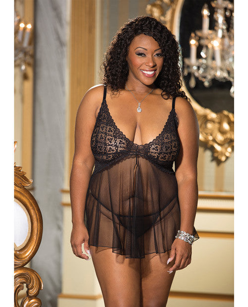 Stretch Lace & Net Babydoll Black 2x