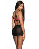 Lace & Mesh Chemise W-adjustable Straps & G-string Black-red Lg