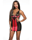 Lace & Mesh Chemise W-adjustable Straps & G-string Black-red Lg