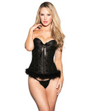 Beautiful Floral Patterned Venice Corset W-marabou Trim & G-string Black 2x