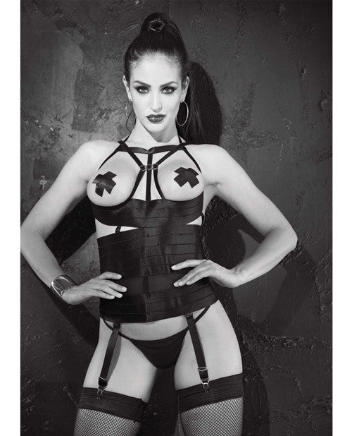 Satin Elastic Strppy Open Bust Bstier W-remvable & Adjustable Grters, Pasties G-string Black 38