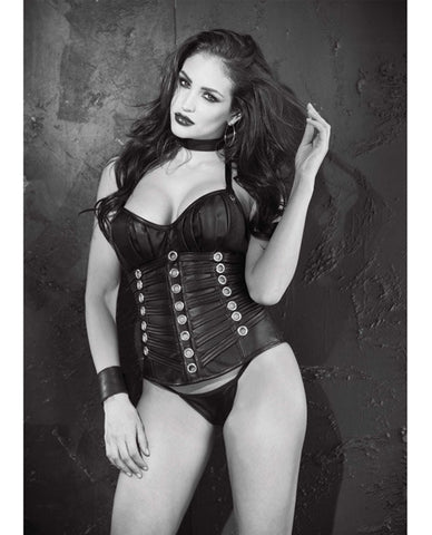 Faux Leather Pdded Push Up Corset W-undr Wred Cps, Grommets, Lace Up Back & G-string Black 32