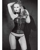 Faux Leather Strappy Neck Corset W-side Zipper & Lace Up Back & G-string Black 32