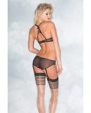 Satin & Lace Bra W-adjustable Straps & Panty W-detachable Straps Black-navy Xl