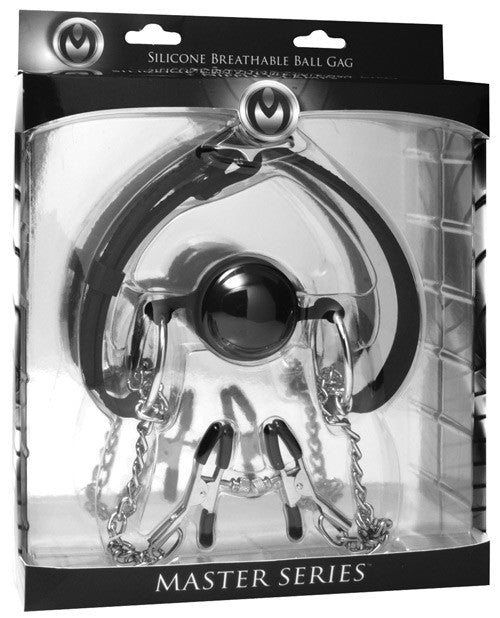 Master Series Hinder Breathable Ball Gag W-nipple Clamps