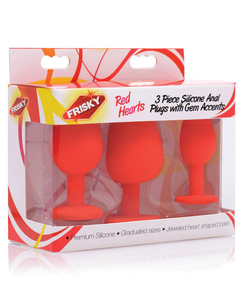 Red Hearts 3pc Silicone Anal Plugs W-gems